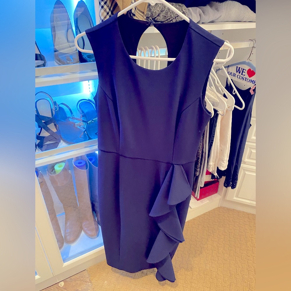 Rachel Roy Navy Fringe Sheath Mid-Length Cocktail Dress